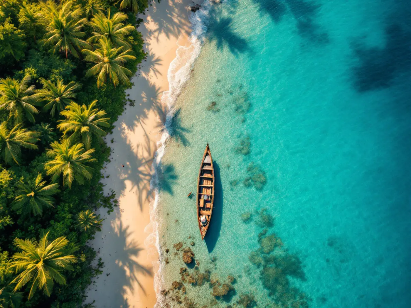Turquoise lagoon in Martinique seen from above, with a traditional fishing boat at anchor and the vegetation of the coast.